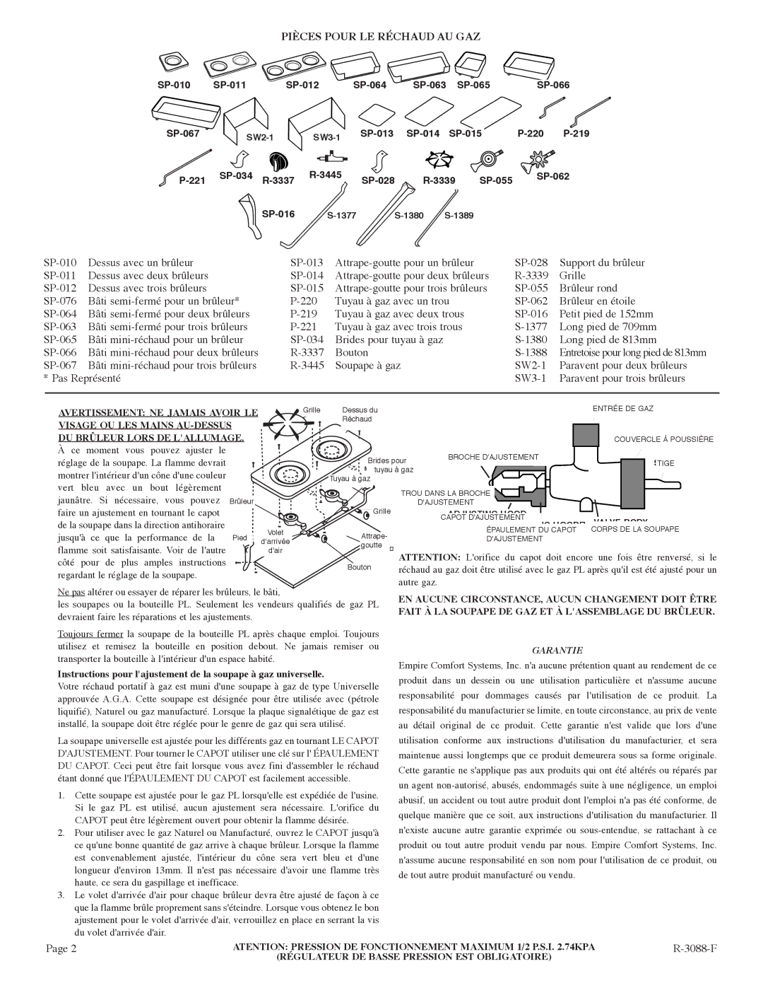 Empire Comfort Systems ES-S300, SE-200, SE-300 manual Pièces Pour LE Réchaud AU GAZ, 3088-F, Avertissement NE Jamais Avoir LE 