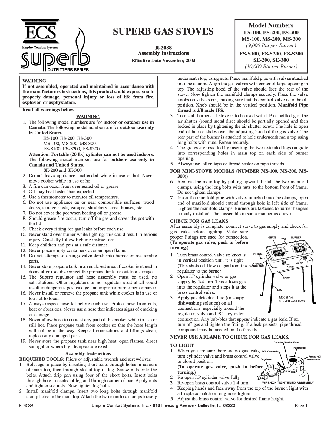 Empire Comfort Systems manual Model Numbers, R-3088 Assembly Instructions, ES-S100, ES-S200, ES-S300 SE-200, SE-300 