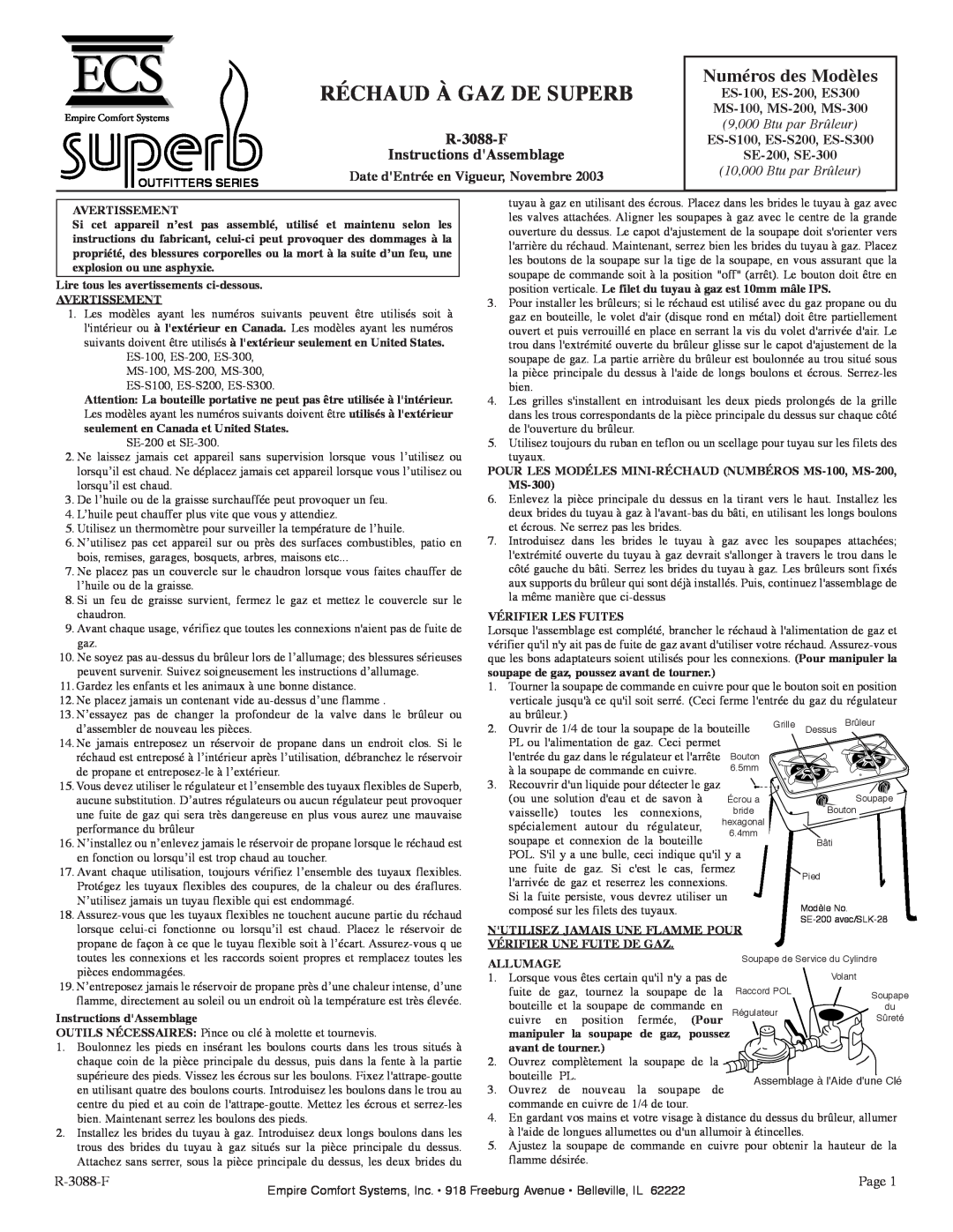 Empire Comfort Systems MS-100, SE-200 manual Numéros des Modèles, R-3088-F Instructions dAssemblage, Réchaud À Gaz De Superb 