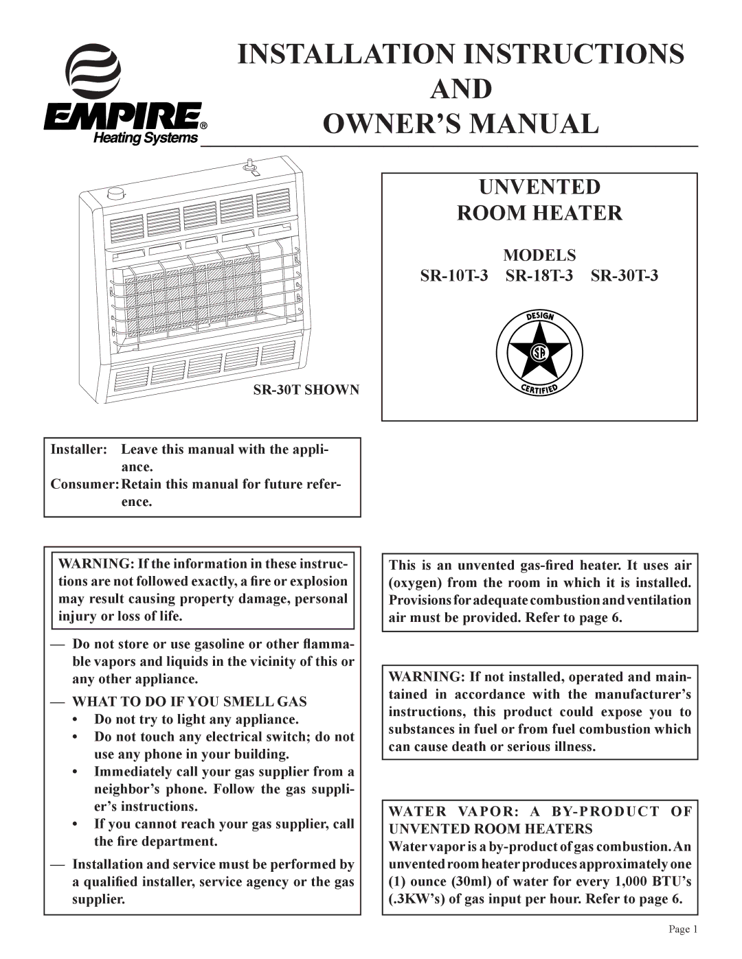 Empire Comfort Systems SR-10T-3 installation instructions Installation Instructions 