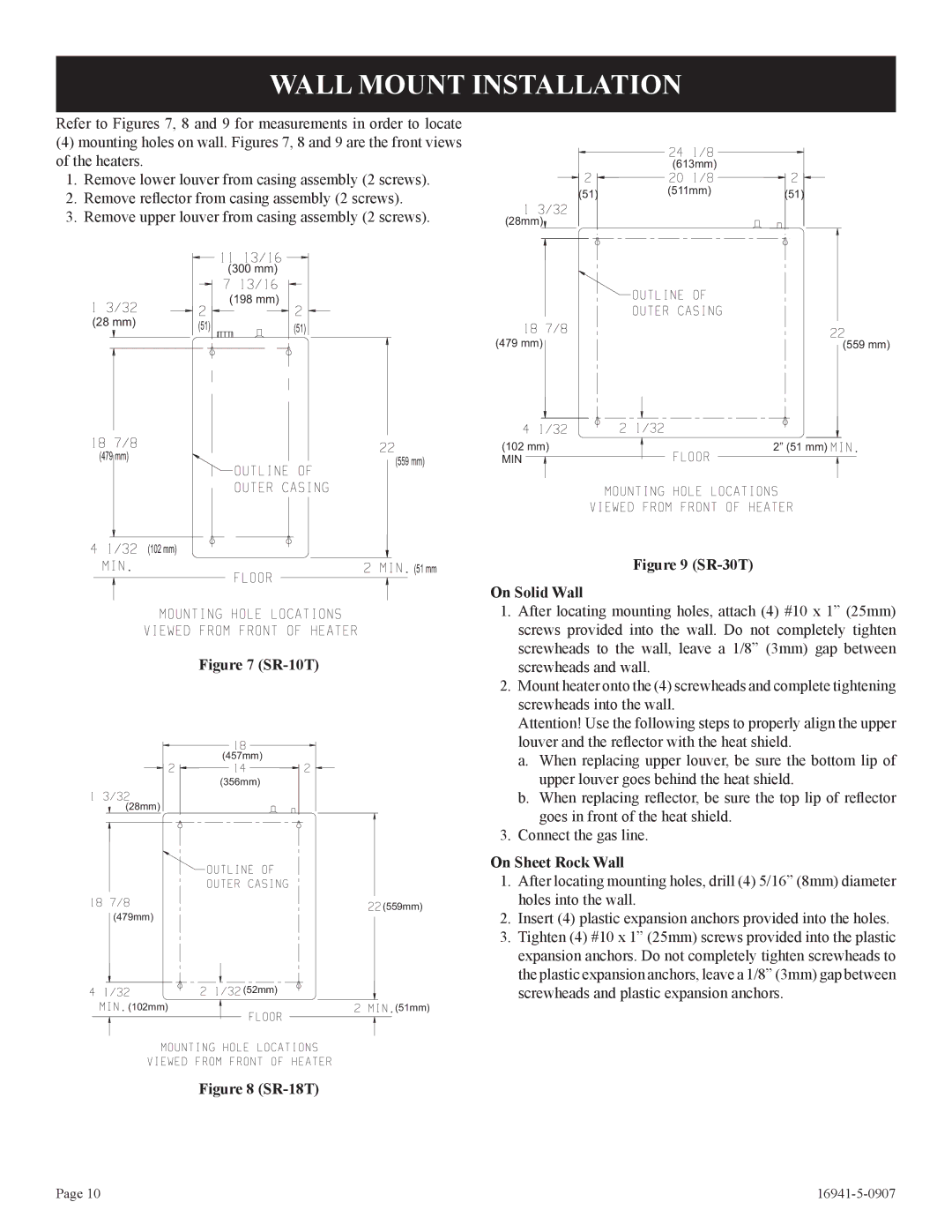 Empire Comfort Systems SR-10T-3 installation instructions Wall Mount Installation, On Sheet Rock Wall 