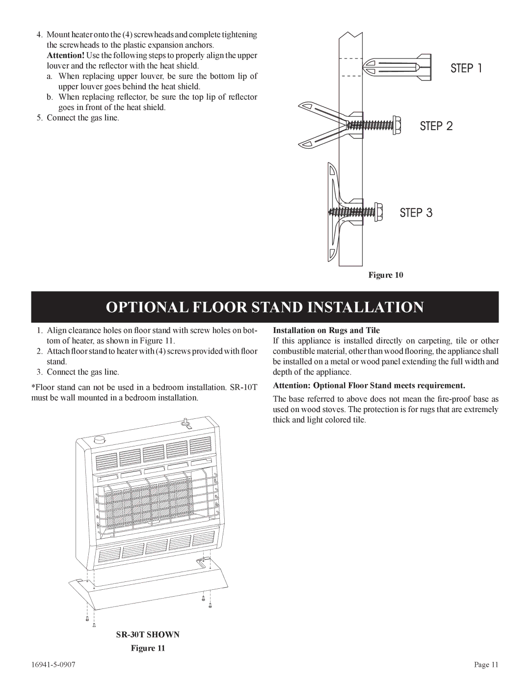 Empire Comfort Systems SR-10T-3 installation instructions Optional Floor Stand Installation, Installation on Rugs and Tile 