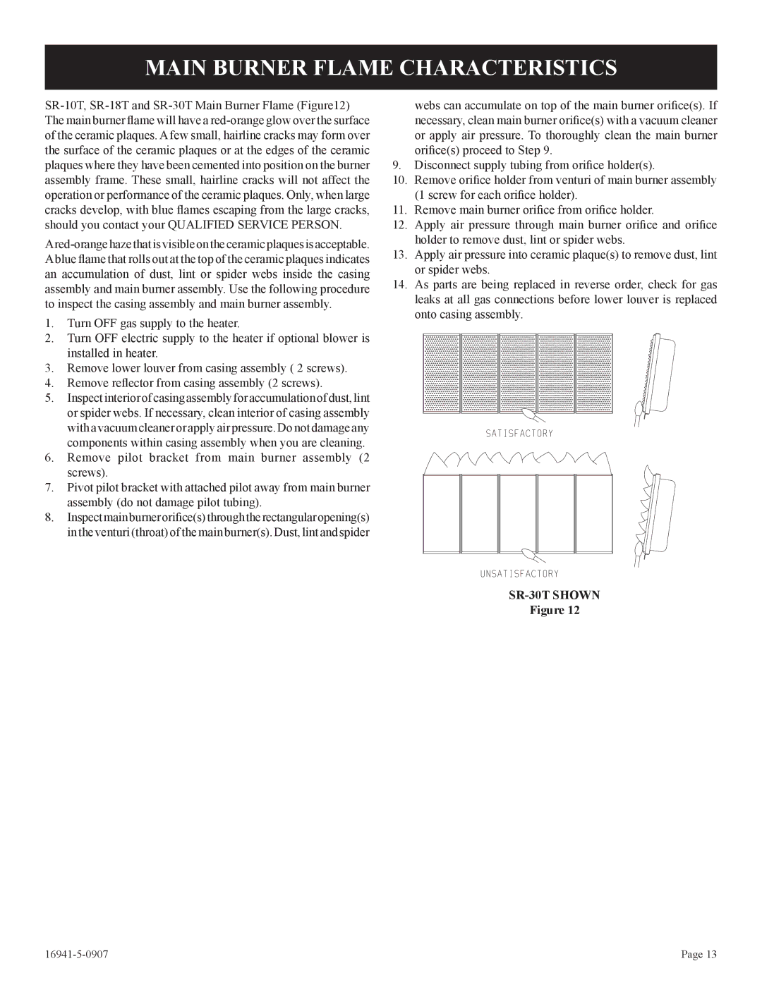 Empire Comfort Systems SR-10T-3 installation instructions Main Burner Flame Characteristics 