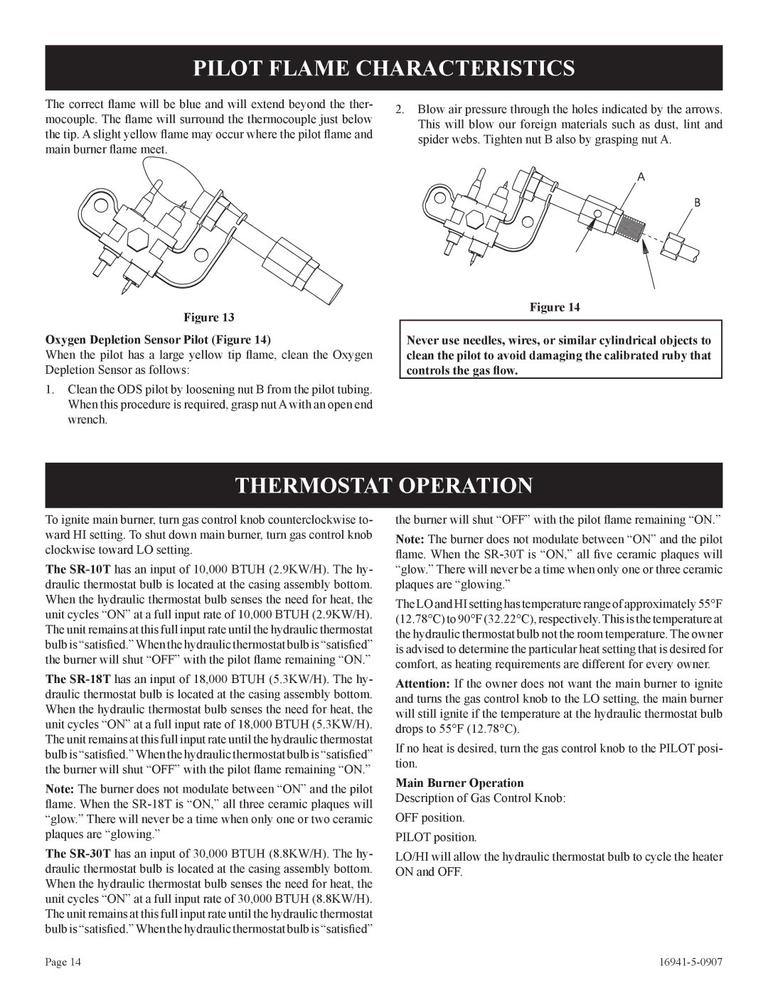 Empire Comfort Systems SR-10T-3 Pilot Flame Characteristics, Thermostat Operation, Oxygen Depletion Sensor Pilot Figure 