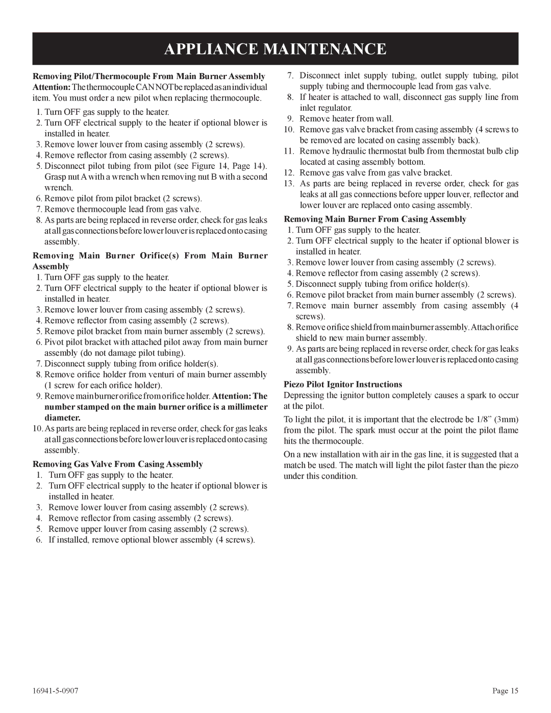 Empire Comfort Systems SR-10T-3 Appliance Maintenance, Removing Main Burner Orifices From Main Burner Assembly 