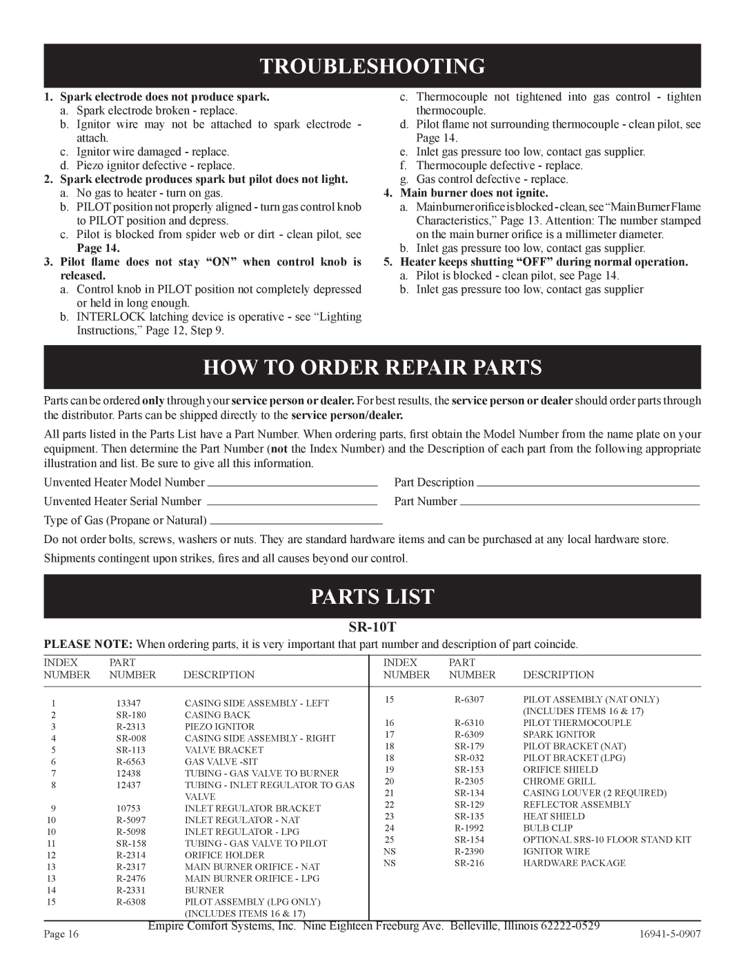 Empire Comfort Systems SR-10T-3 installation instructions Troubleshooting, HOW to Order Repair Parts, Parts List 