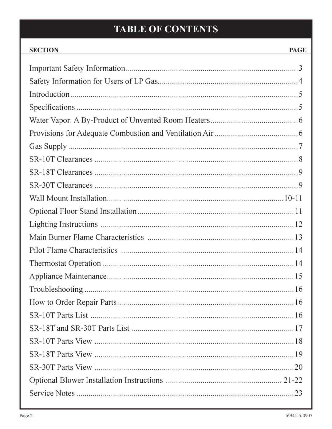 Empire Comfort Systems SR-10T-3 installation instructions Table of Contents 