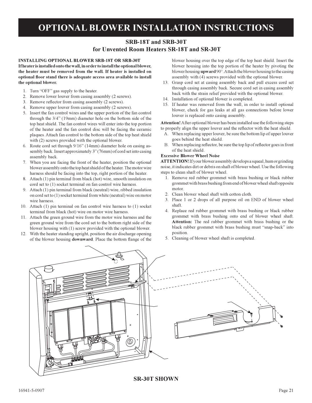 Empire Comfort Systems SR-10T-3 Optional Blower Installation Instructions, Installing Optional Blower SRB-18T or SRB-30T 