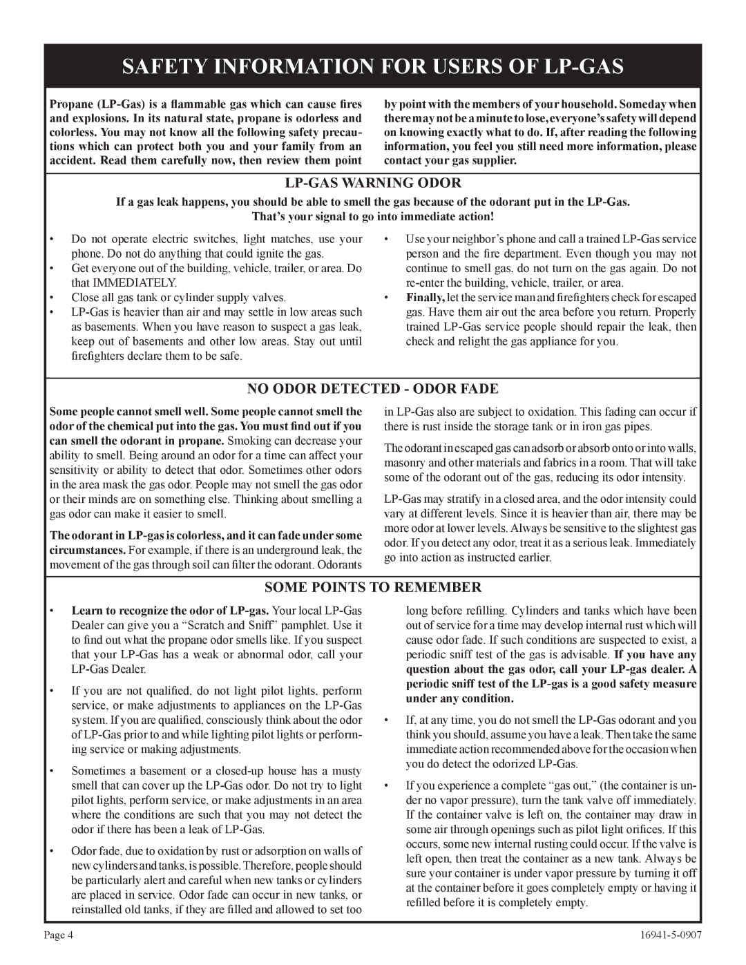 Empire Comfort Systems SR-10T-3 installation instructions Safety Information for Users of LP-GAS, LP-GAS Warning Odor 