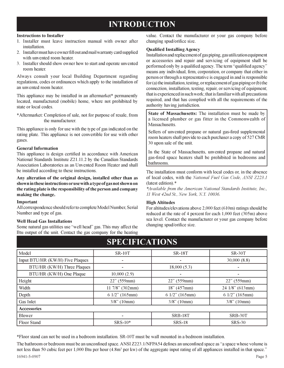 Empire Comfort Systems SR-10T-3 installation instructions Introduction, Specifications 