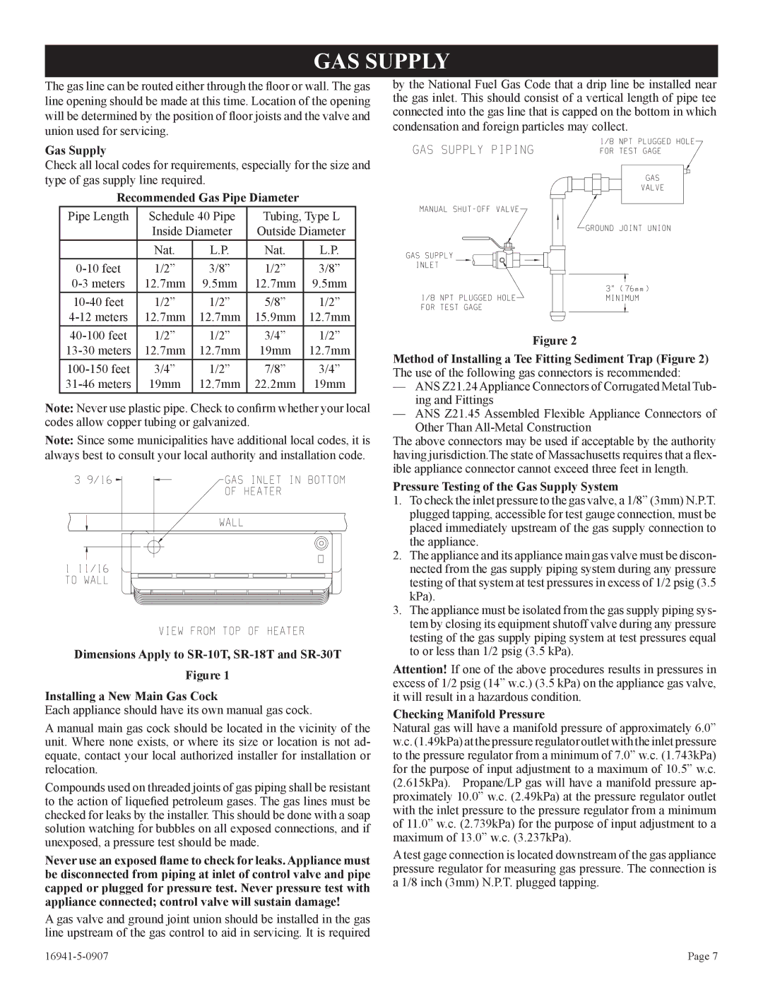 Empire Comfort Systems SR-10T-3 GAS Supply, Gas Supply, Recommended Gas Pipe Diameter, Checking Manifold Pressure 