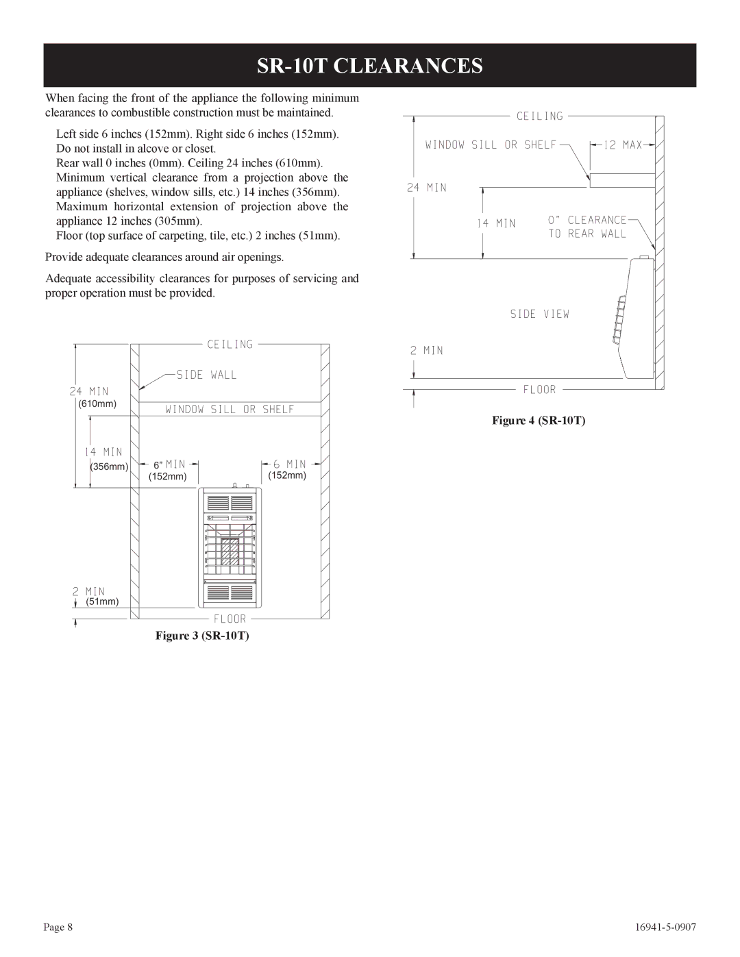 Empire Comfort Systems SR-10T-3 installation instructions SR-10T Clearances 