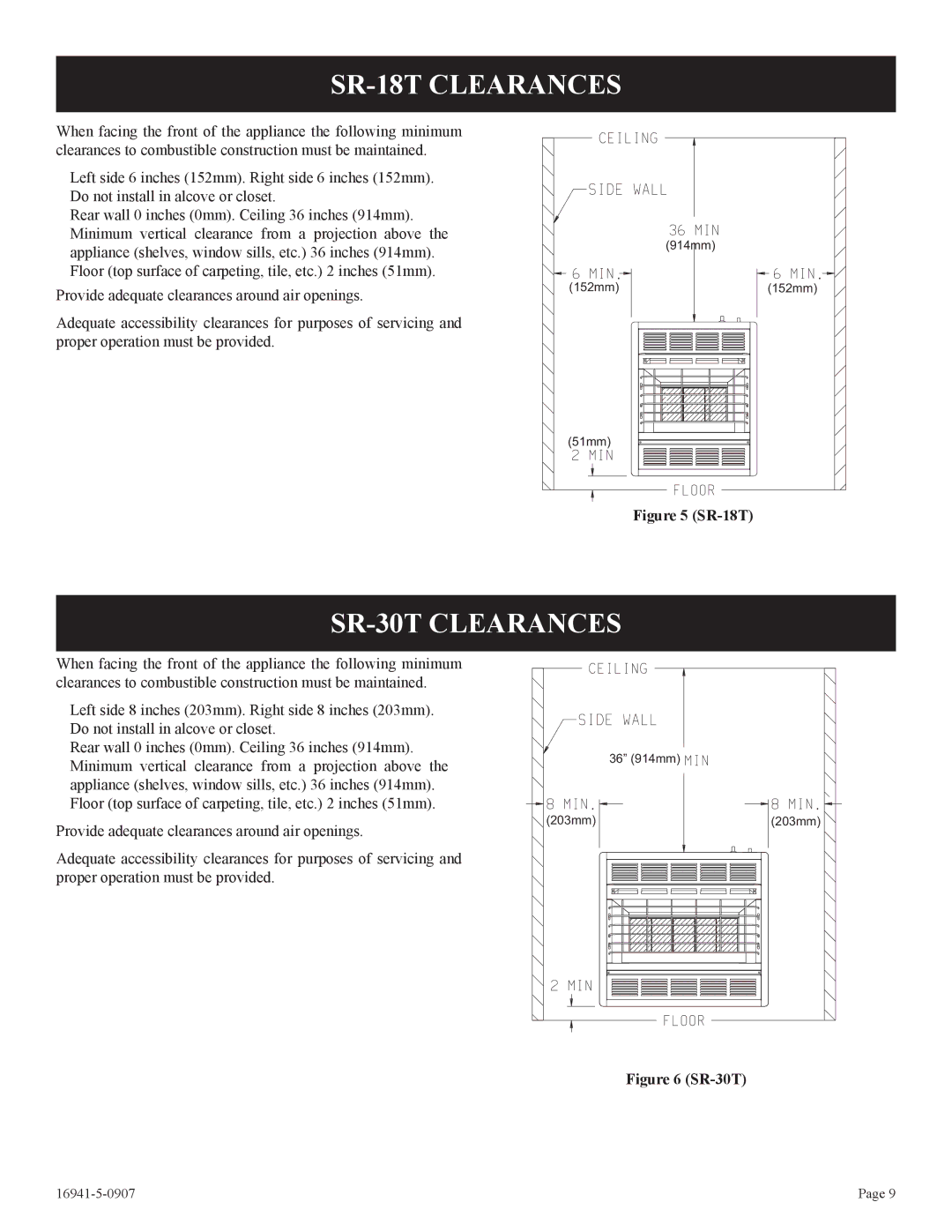 Empire Comfort Systems SR-10T-3 installation instructions SR-18T Clearances, SR-30T Clearances 