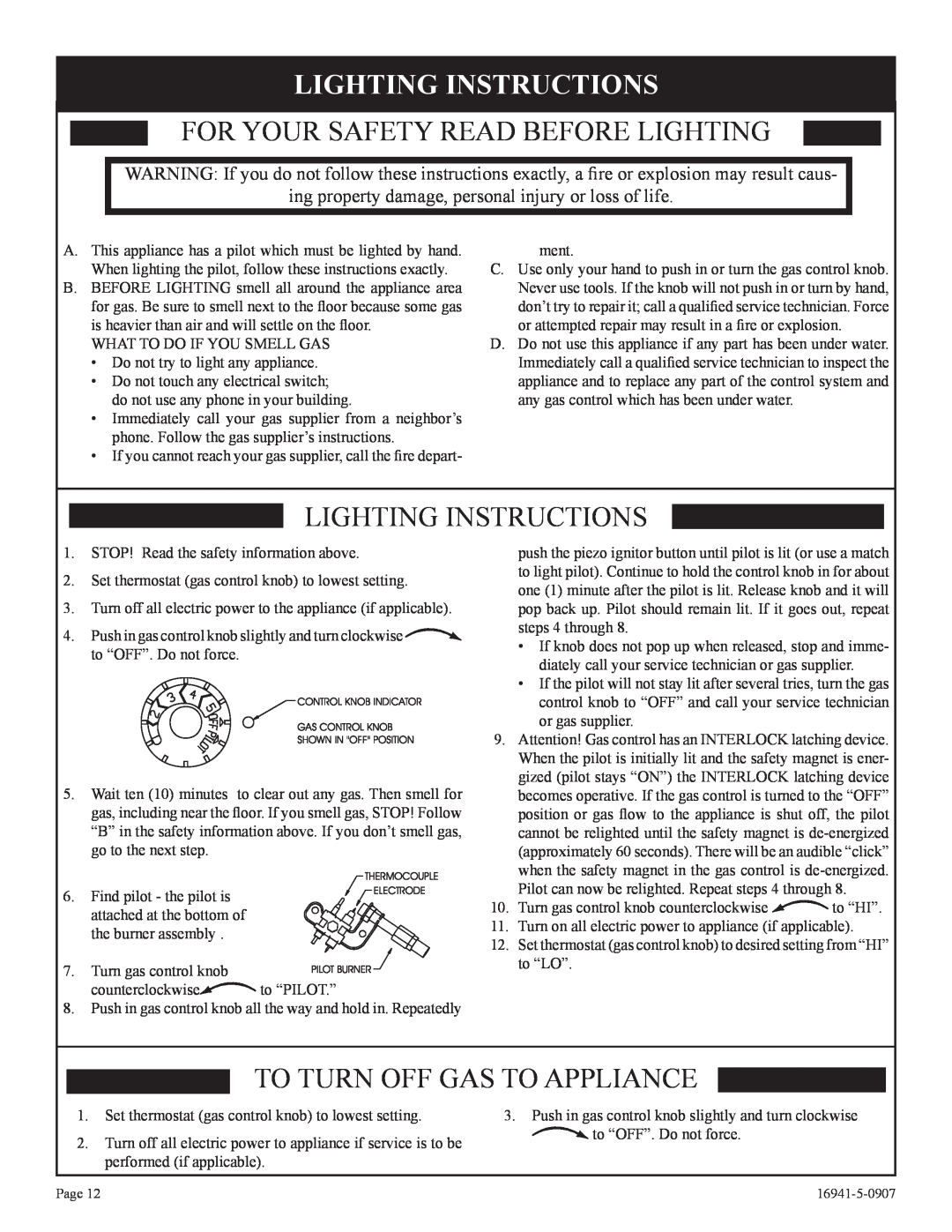 Empire Comfort Systems SR-10T-3 Lighting Instructions, For Your Safety Read Before Lighting, To Turn Off Gas To Appliance 
