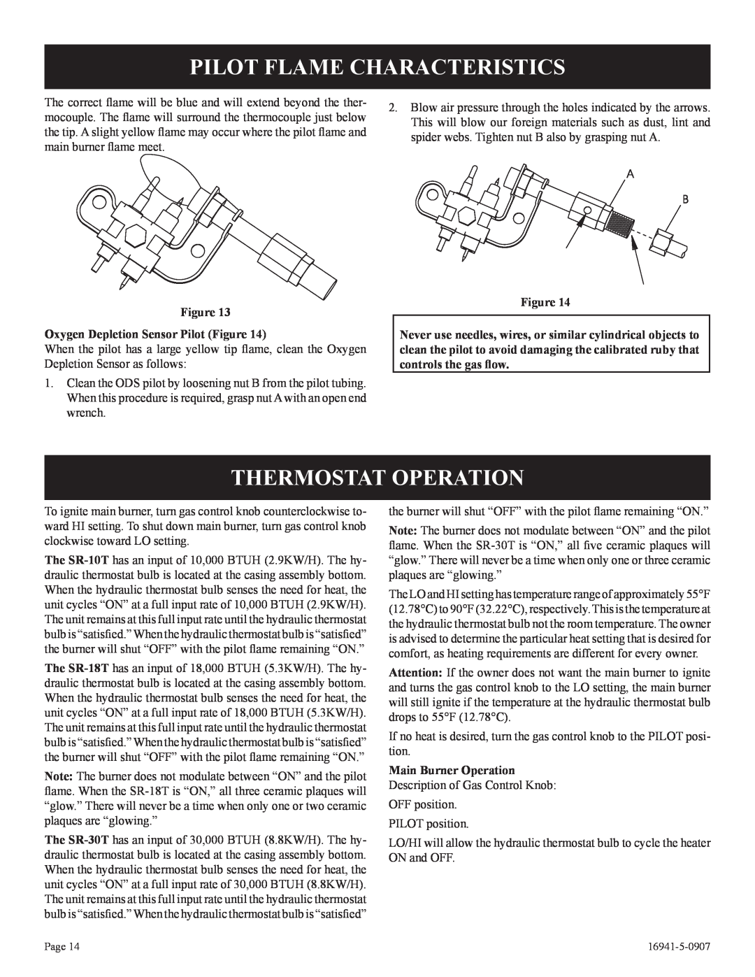 Empire Comfort Systems SR-10T-3 installation instructions Pilot Flame Characteristics, Thermostat Operation 