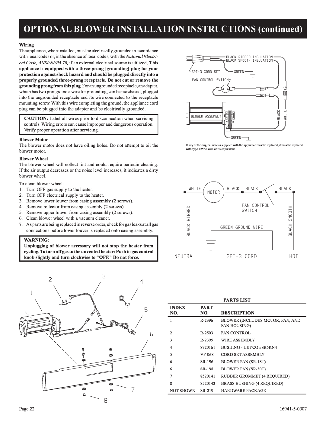 Empire Comfort Systems SR-10T-3 Wiring, Blower Motor, Blower Wheel, Parts List Index Part No. No. Description 