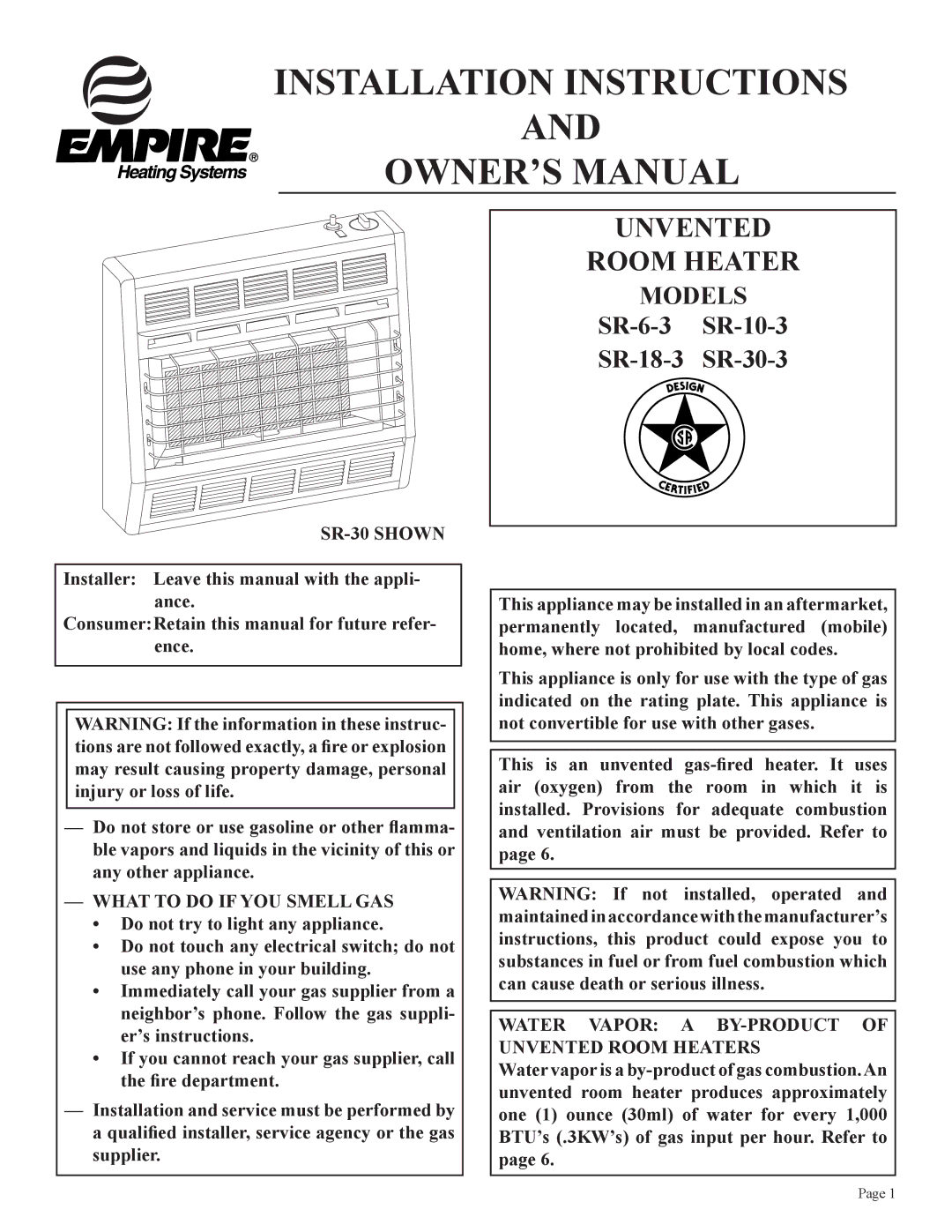 Empire Comfort Systems SR-30 installation instructions Installation Instructions 