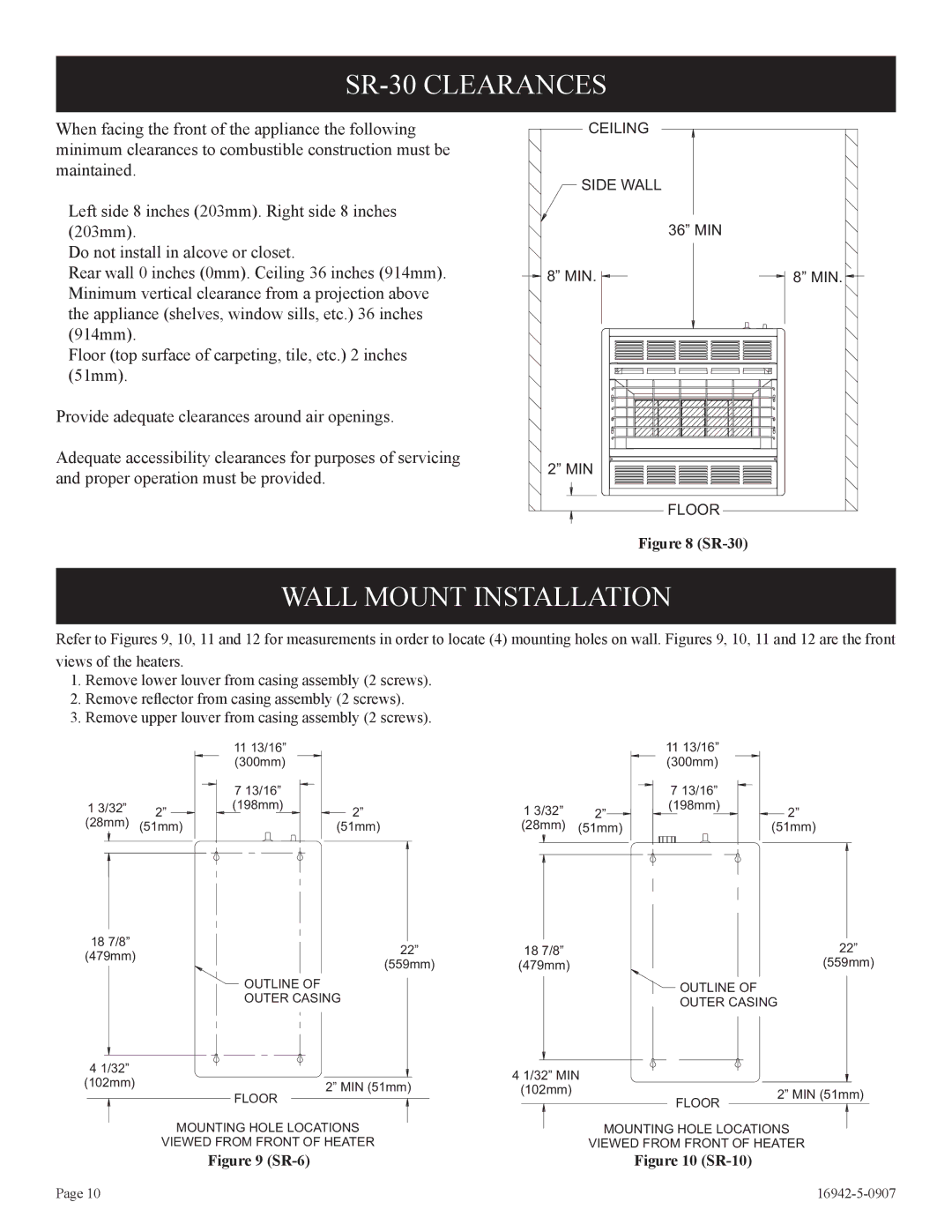 Empire Comfort Systems installation instructions SR-30 Clearances, Wall Mount Installation 