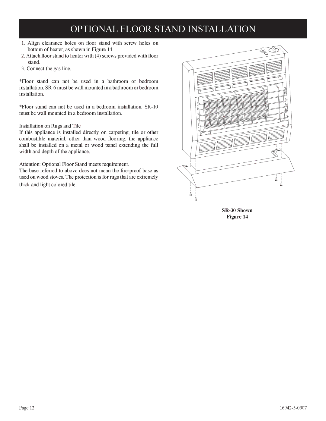 Empire Comfort Systems installation instructions Optional Floor Stand Installation, SR-30 Shown 