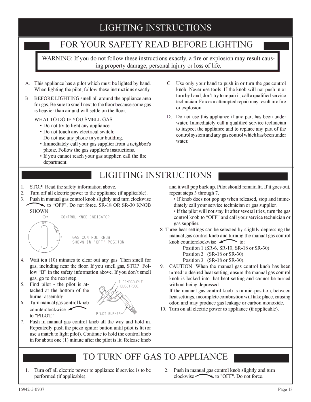 Empire Comfort Systems SR-30 installation instructions Lighting Instructions, For Your Safety Read Before Lighting 