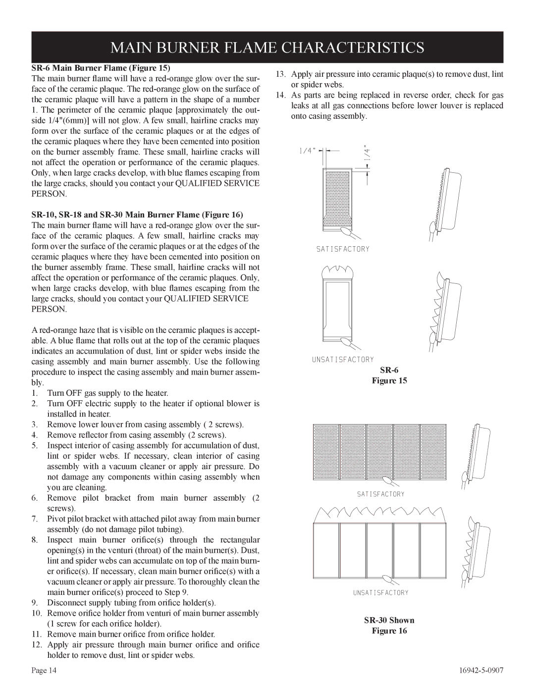 Empire Comfort Systems Main Burner Flame Characteristics, SR-6 Main Burner Flame Figure, SR-6 SR-30 Shown 