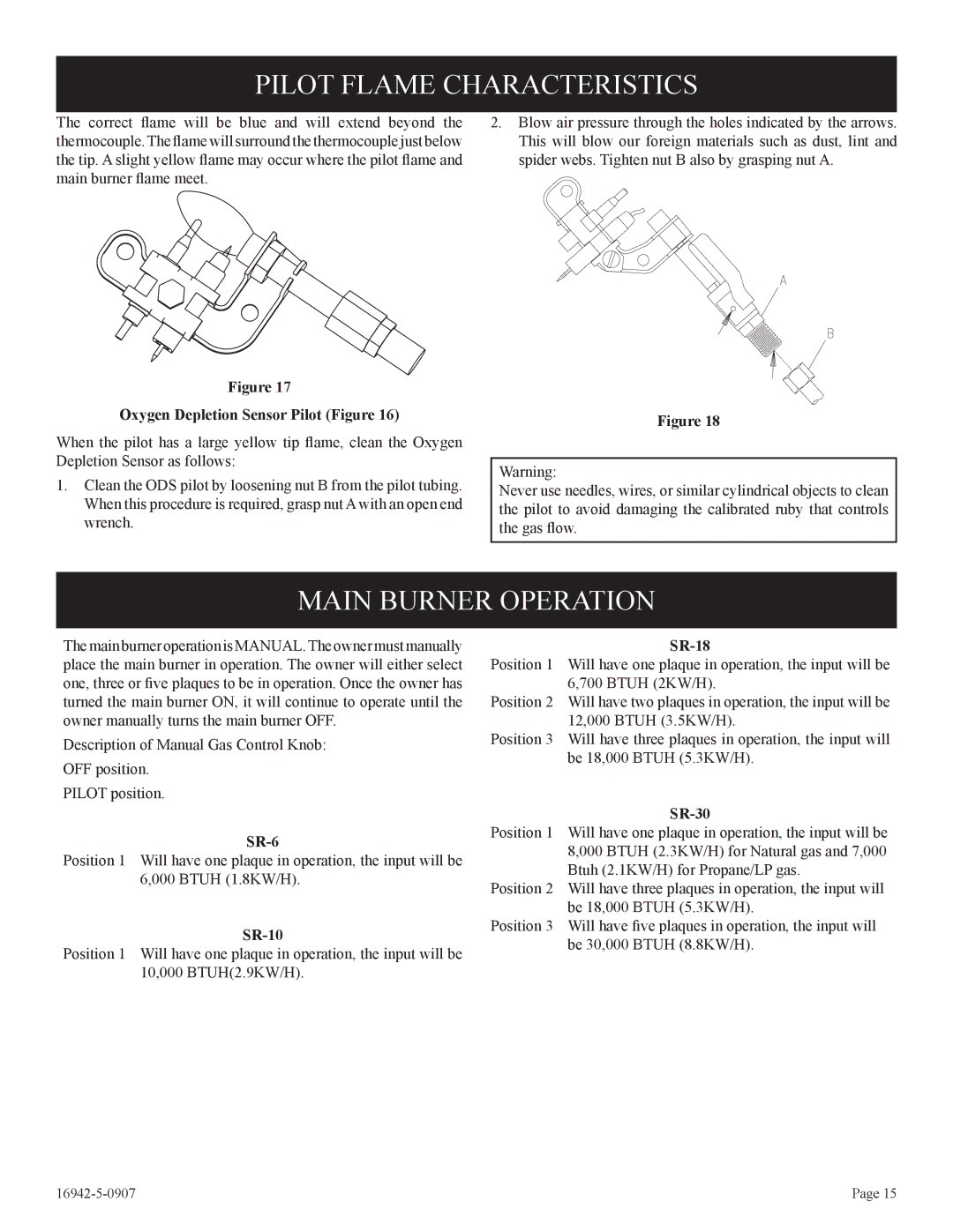 Empire Comfort Systems SR-30 Pilot Flame Characteristics, Main Burner Operation, Oxygen Depletion Sensor Pilot Figure 