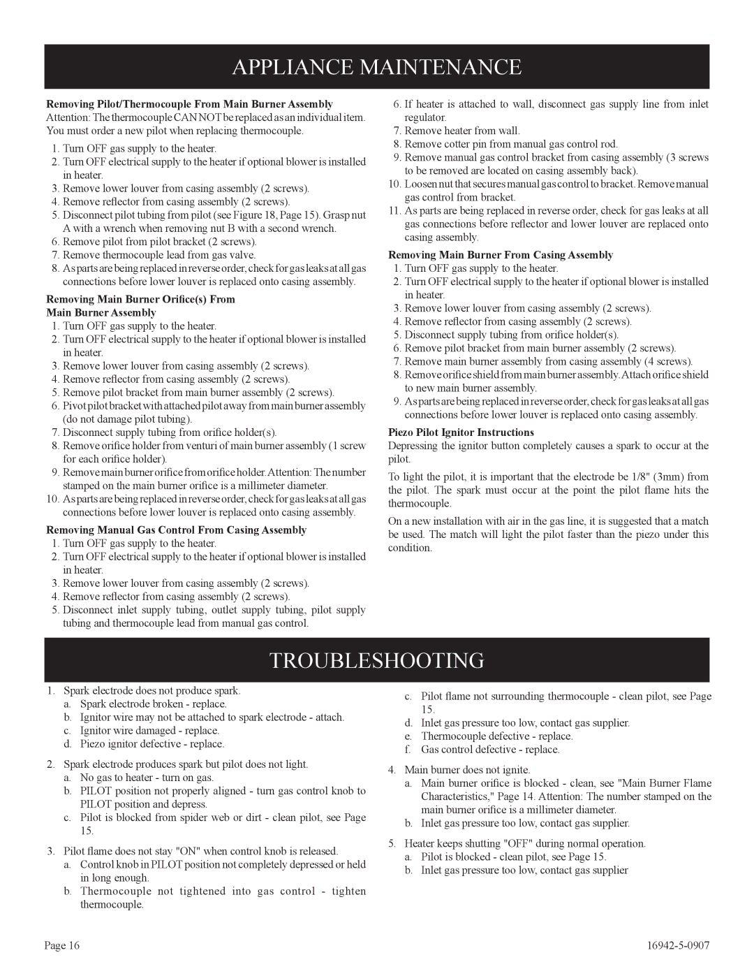 Empire Comfort Systems SR-30 installation instructions Appliance Maintenance, Troubleshooting 