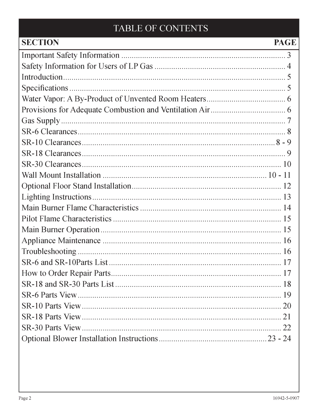 Empire Comfort Systems SR-30 installation instructions Table of Contents 