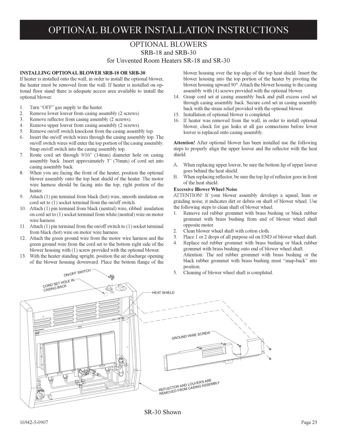 Empire Comfort Systems SR-30 Optional Blower Installation Instructions, Excessive Blower Wheel Noise 