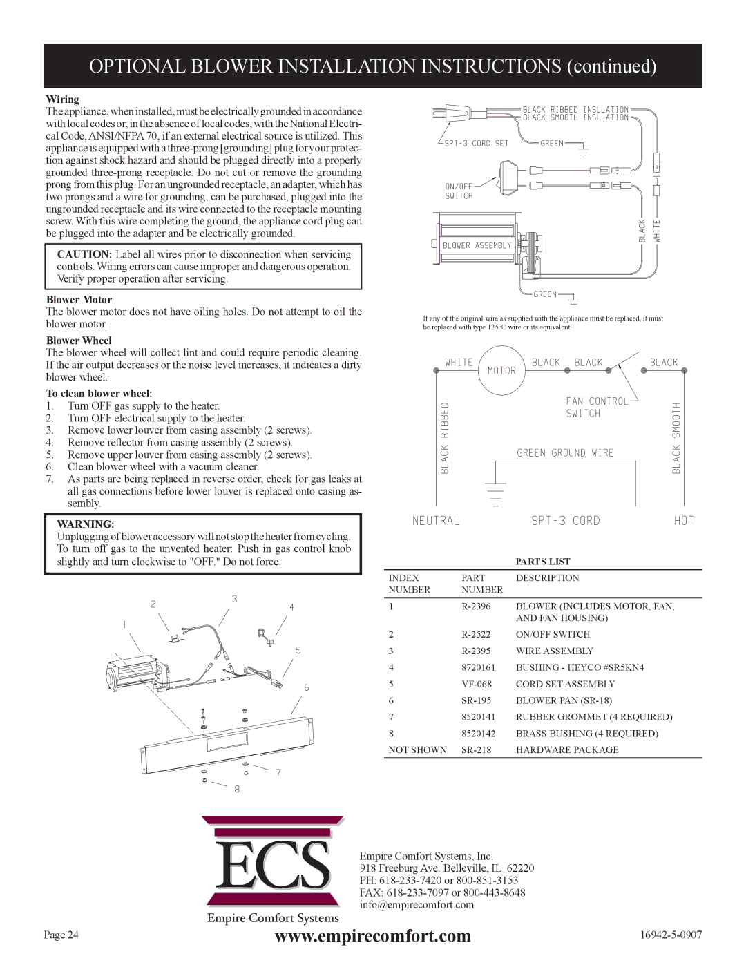 Empire Comfort Systems SR-30 installation instructions Wiring, Blower Motor, Blower Wheel, To clean blower wheel 