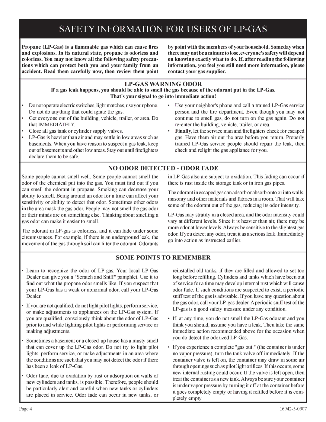 Empire Comfort Systems SR-30 installation instructions Safety Information for Users of LP-GAS, LP-GAS Warning Odor 