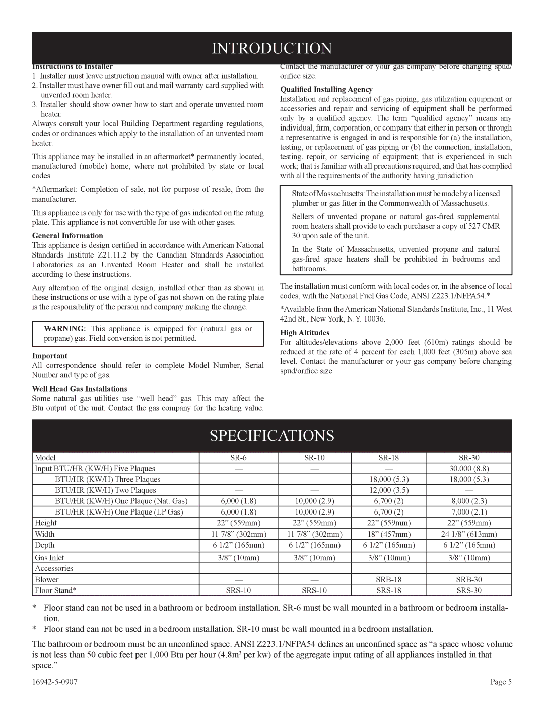 Empire Comfort Systems SR-30 installation instructions Introduction, Specifications 