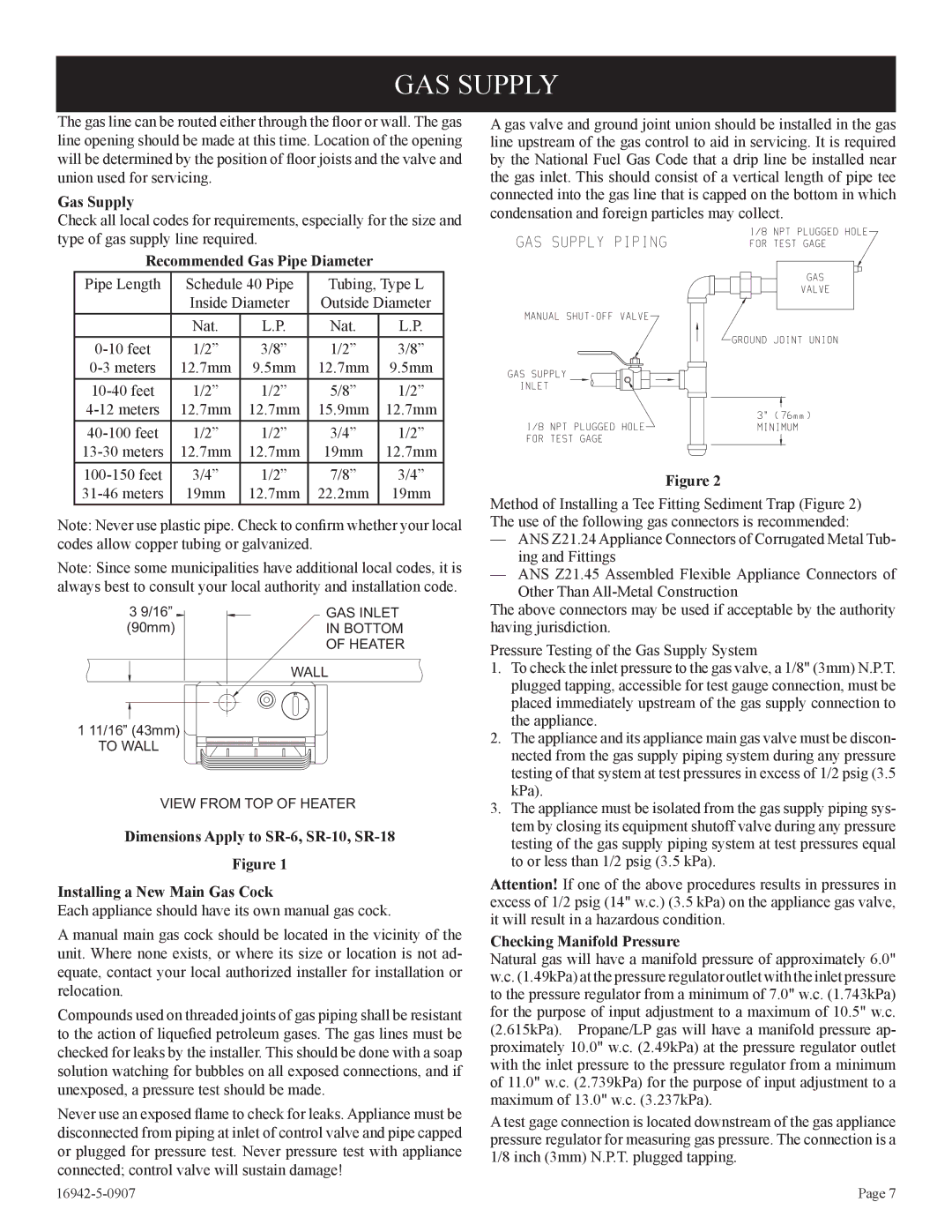 Empire Comfort Systems SR-30 GAS Supply, Gas Supply, Recommended Gas Pipe Diameter, Checking Manifold Pressure 
