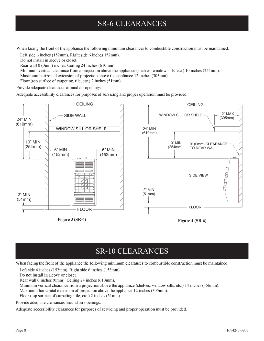 Empire Comfort Systems SR-30 installation instructions SR-6 Clearances, SR-10 Clearances 