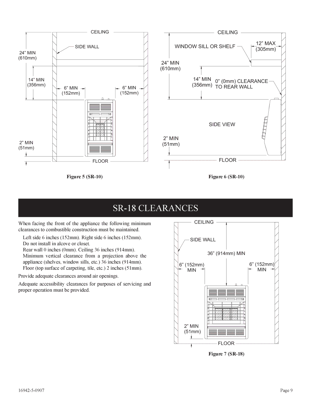 Empire Comfort Systems SR-30 installation instructions SR-18 Clearances, SR-10 