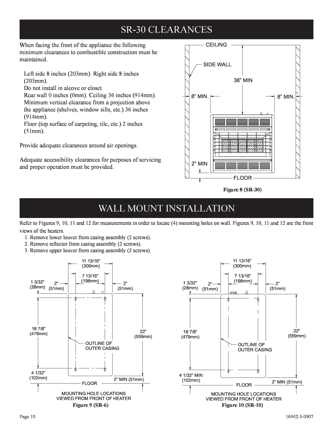 Empire Comfort Systems installation instructions SR-30CLEARANCES, Wall Mount Installation 
