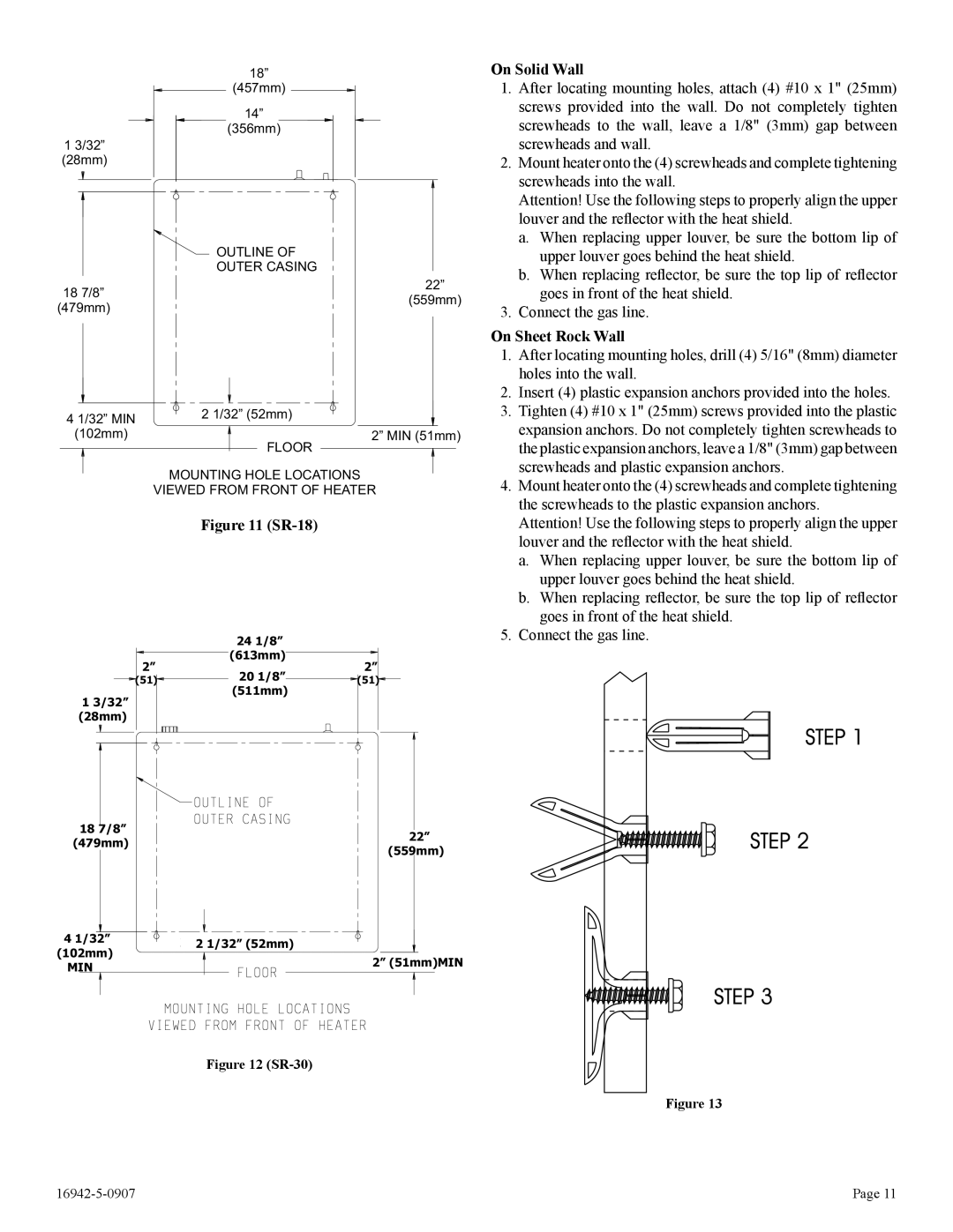 Empire Comfort Systems SR-30 installation instructions SR-18, On Solid Wall, On Sheet Rock Wall 