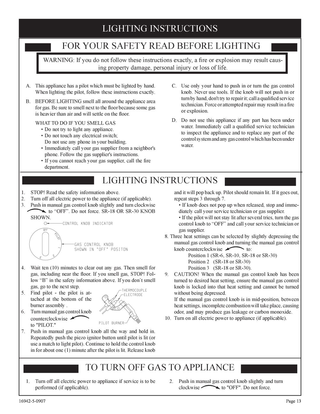 Empire Comfort Systems SR-30 Lighting Instructions, For Your Safety Read Before Lighting, To Turn Off Gas To Appliance 