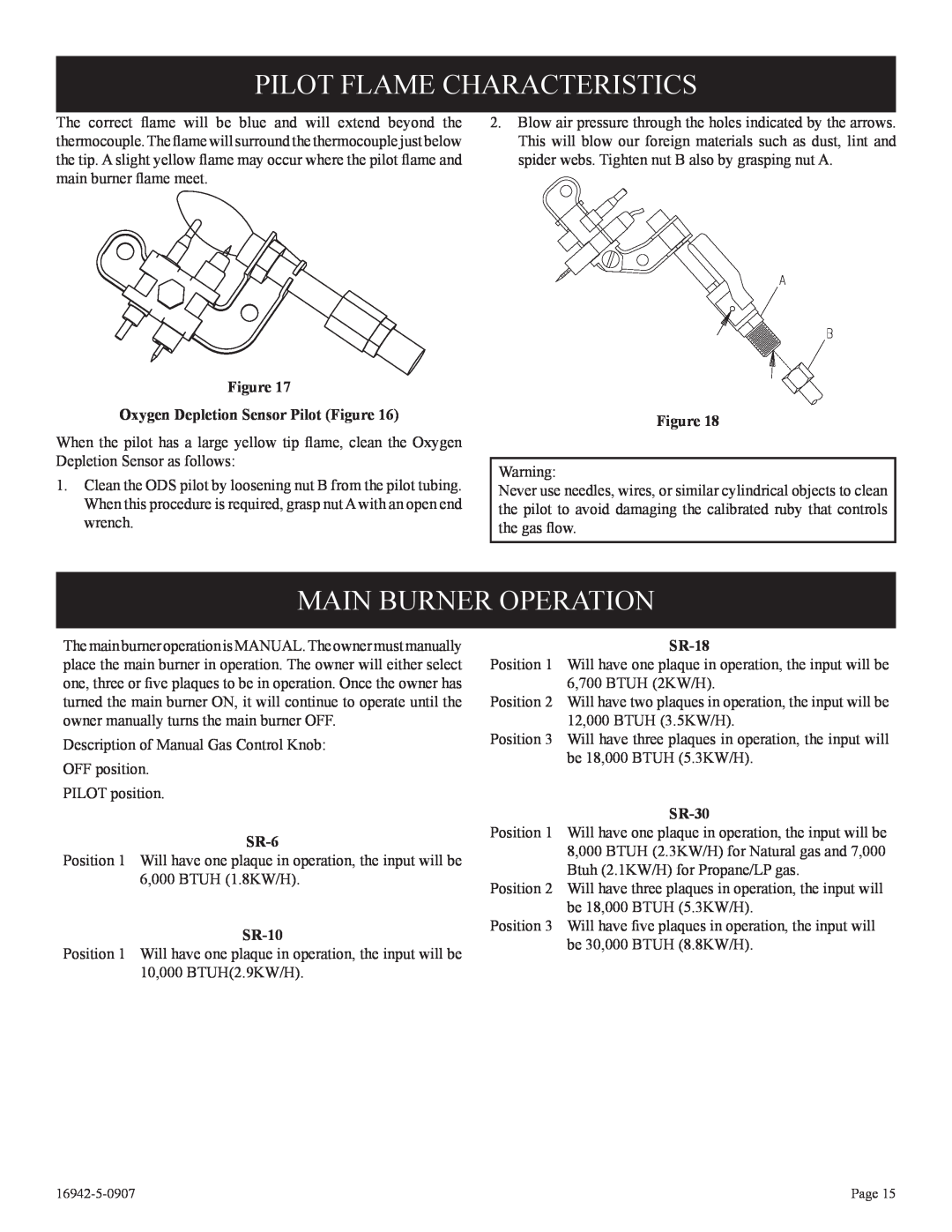 Empire Comfort Systems SR-30 Pilot Flame Characteristics, Main Burner Operation, SR-6, SR-10, SR-18 