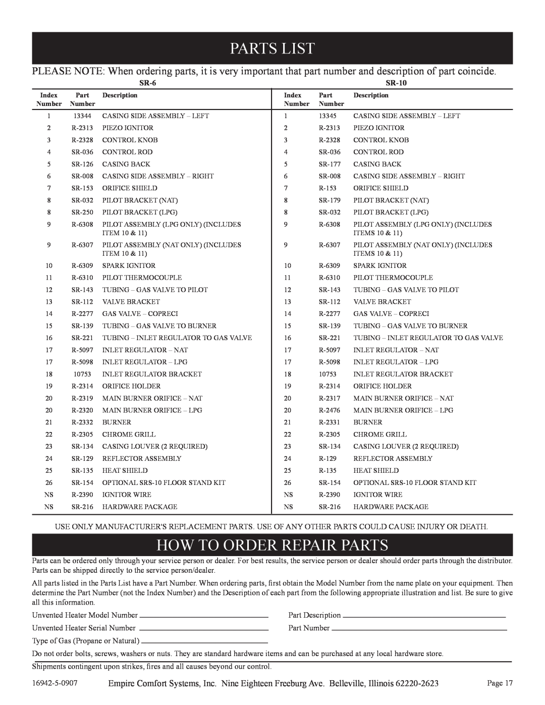 Empire Comfort Systems SR-30 installation instructions Parts List, How To Order Repair Parts, SR-6, SR-10 
