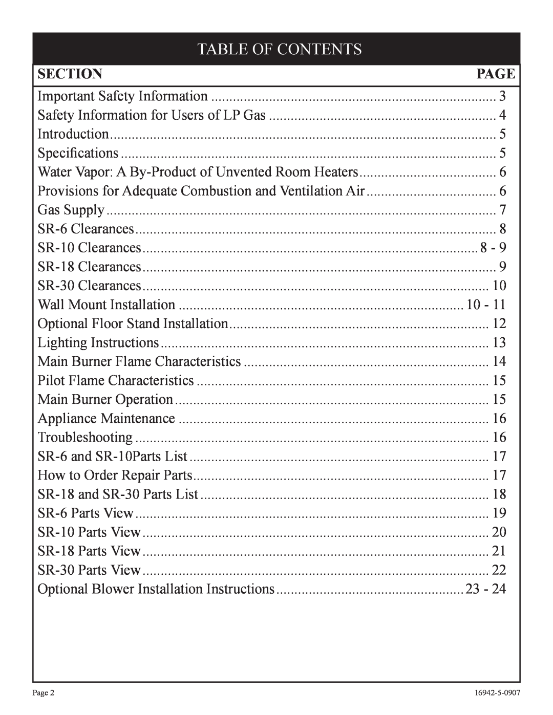 Empire Comfort Systems SR-30 installation instructions Table Of Contents, Section, Page 