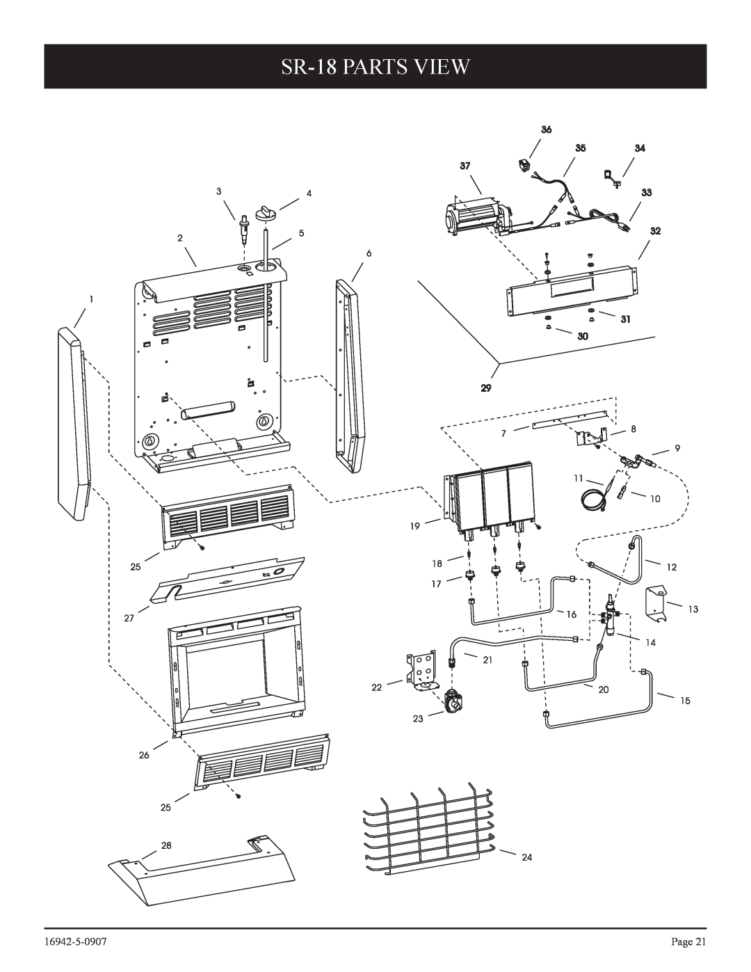Empire Comfort Systems SR-30 installation instructions SR-18PARTS VIEW, 16942-5-0907, Page 
