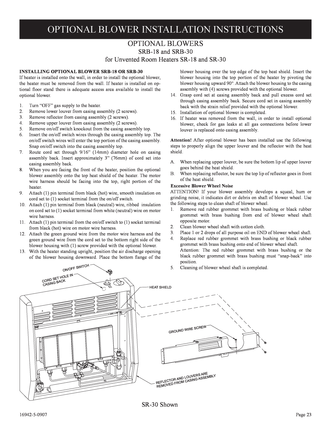 Empire Comfort Systems SR-30 Optional Blower Installation Instructions, Optional Blowers, Excessive Blower Wheel Noise 
