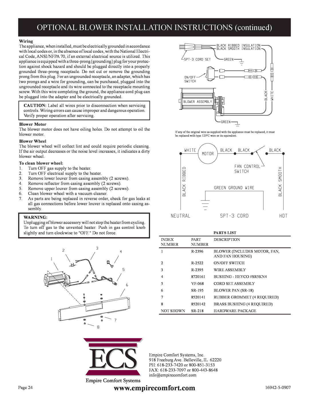 Empire Comfort Systems SR-30 installation instructions Wiring, Blower Motor, Blower Wheel, To clean blower wheel 