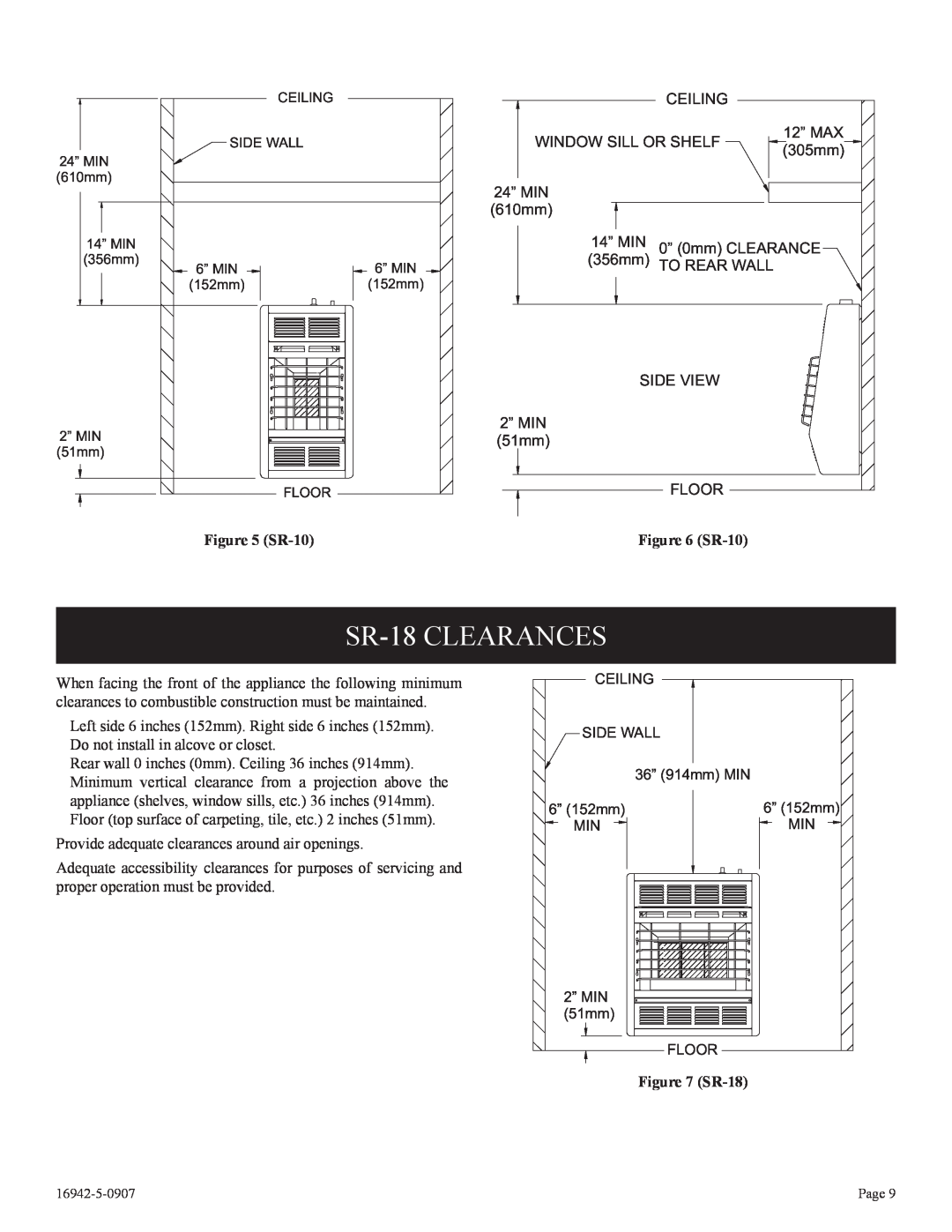 Empire Comfort Systems SR-30 installation instructions SR-18CLEARANCES, Floor, SR-10 