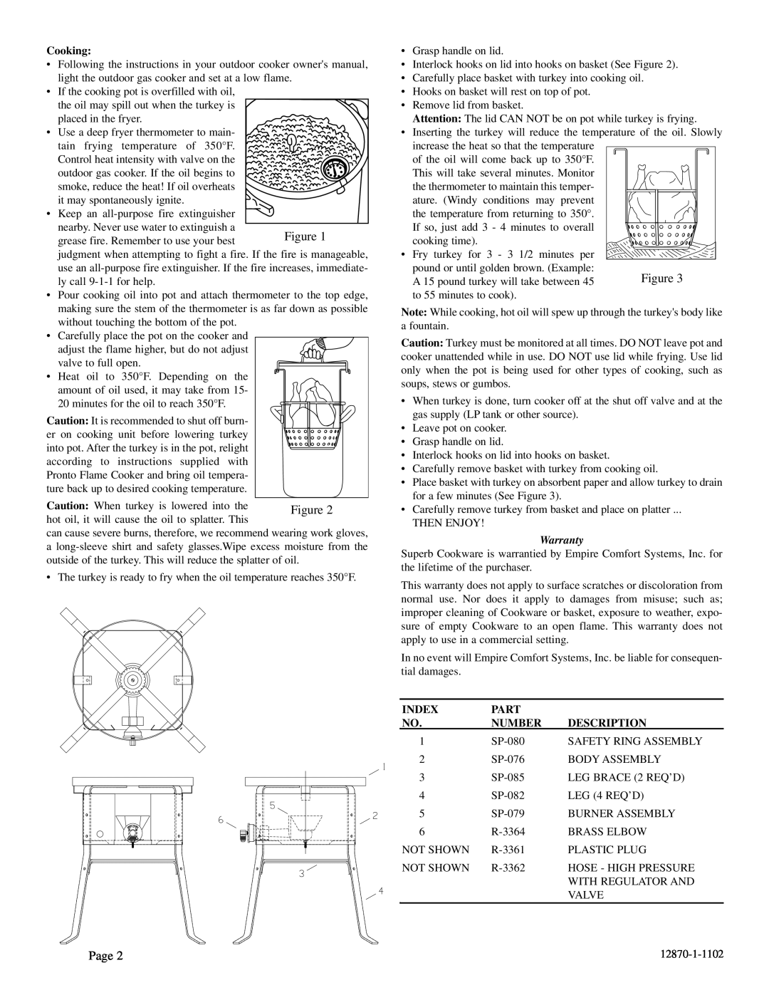 Empire Comfort Systems TF-100 manual Page, Cooking, Warranty, Index, Part, Description 