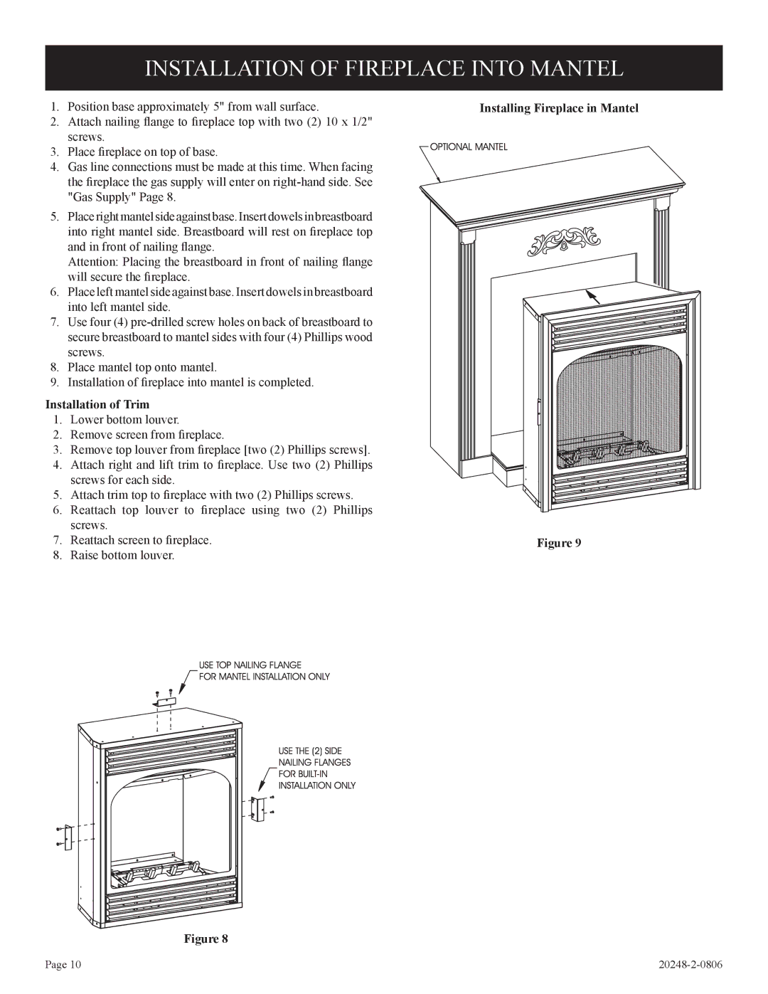 Empire Comfort Systems VF24FP2-1, VF24FP3-1 Installation of Fireplace Into Mantel, Installation of Trim 