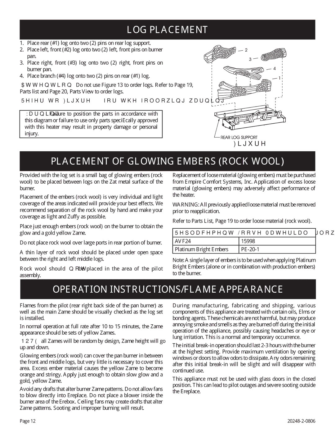 Empire Comfort Systems VF24FP2-1 LOG Placement, Placement of Glowing Embers Rock Wool, Refer to for the following warning 