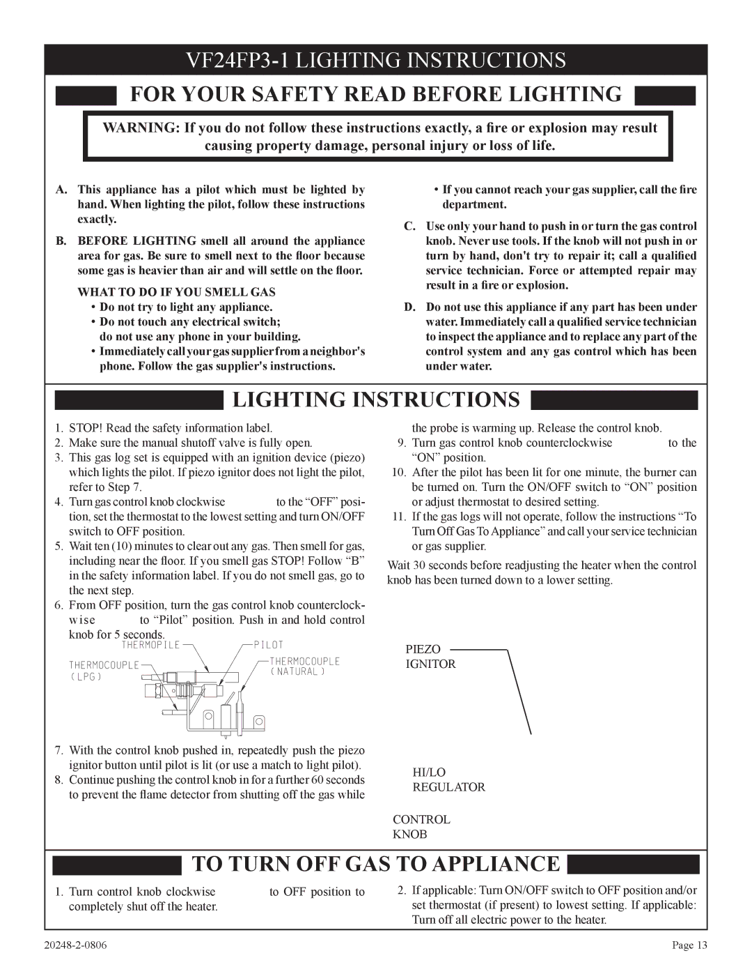 Empire Comfort Systems VF24FP2-1 installation instructions VF24FP3-1 Lighting Instructions, What to do if YOU Smell GAS 