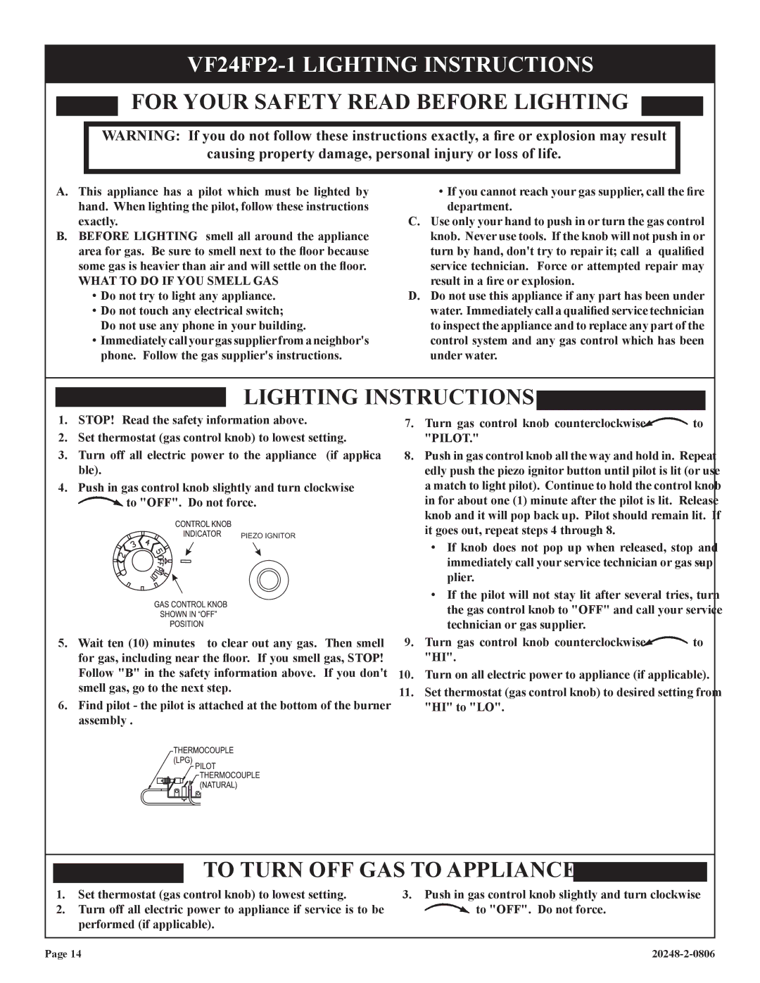 Empire Comfort Systems VF24FP3-1 installation instructions VF24FP2-1 Lighting Instructions 